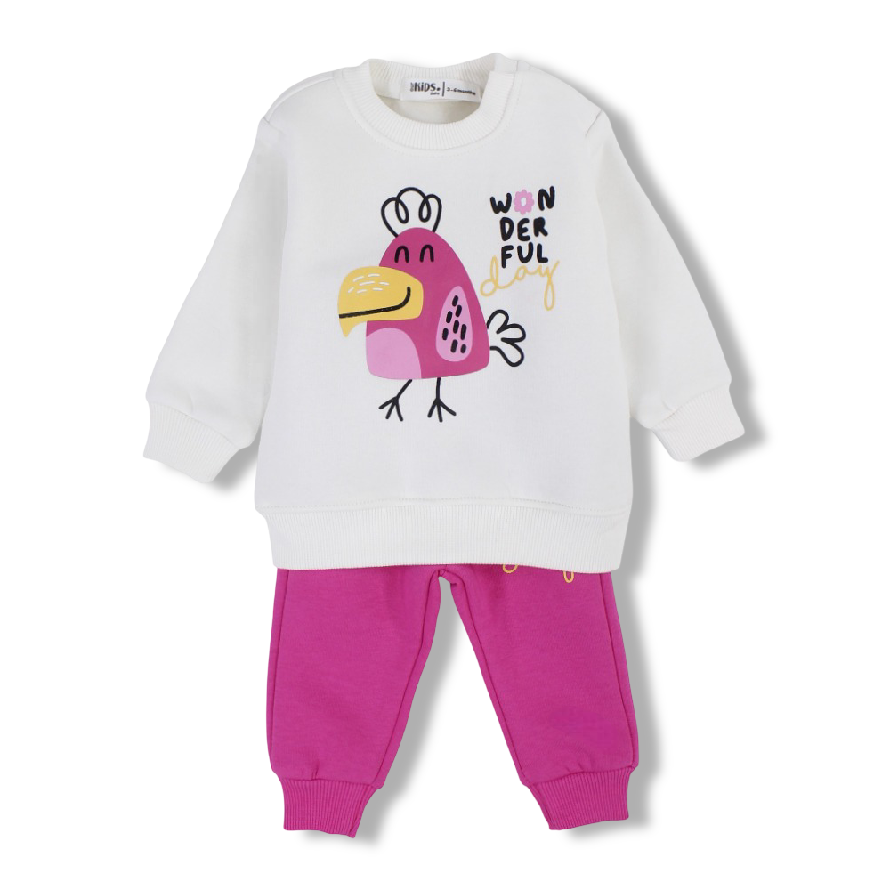 Baby Girls Cotton Pajama Set – Offwhite/Fuchsia with “Wonderful Day” Print