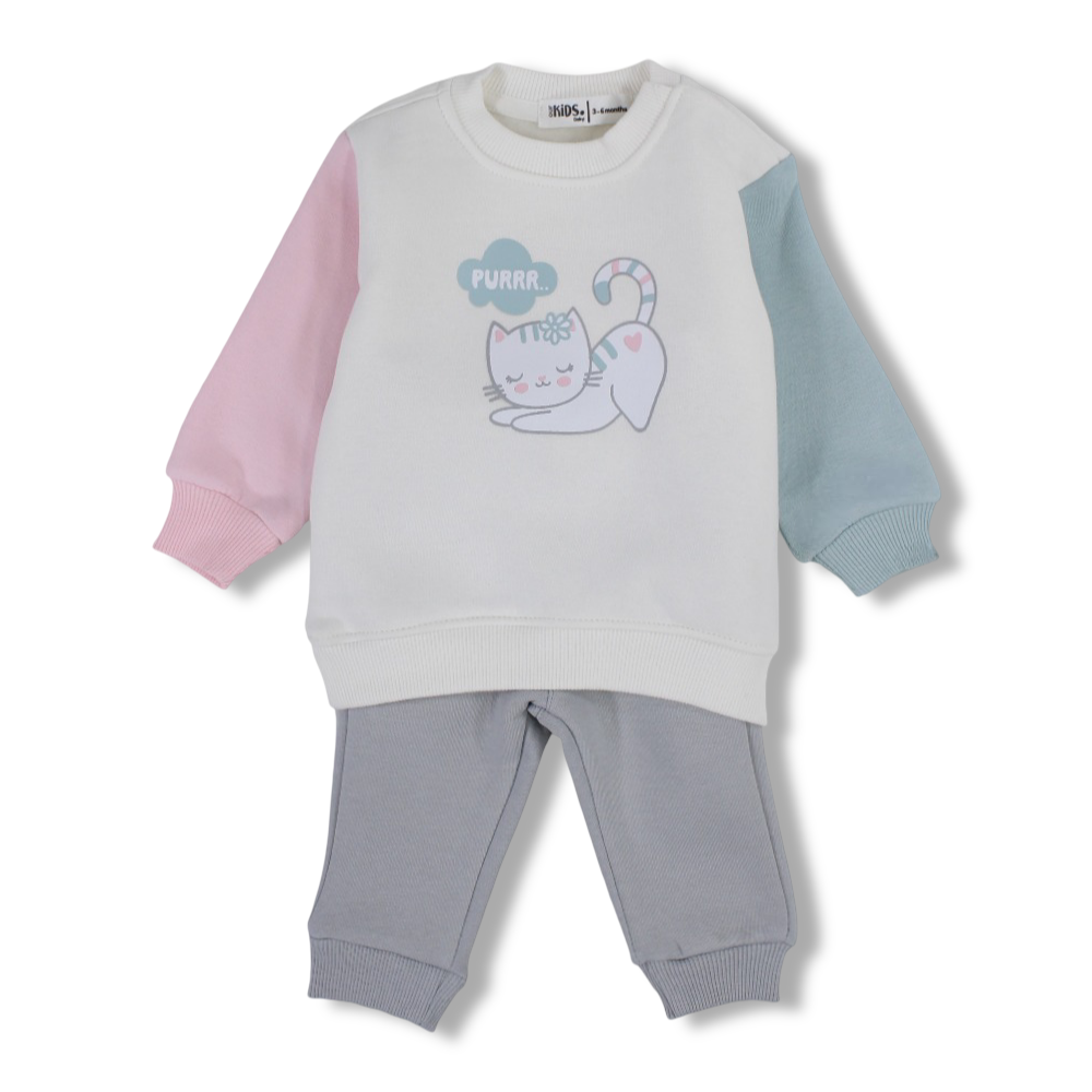 Baby Girls Cotton Pajama Set – Offwhite/Grey with Cat Print