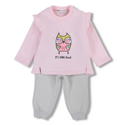 Baby Girls Cotton Pajama Set – Pink/Grey with Owl Print
