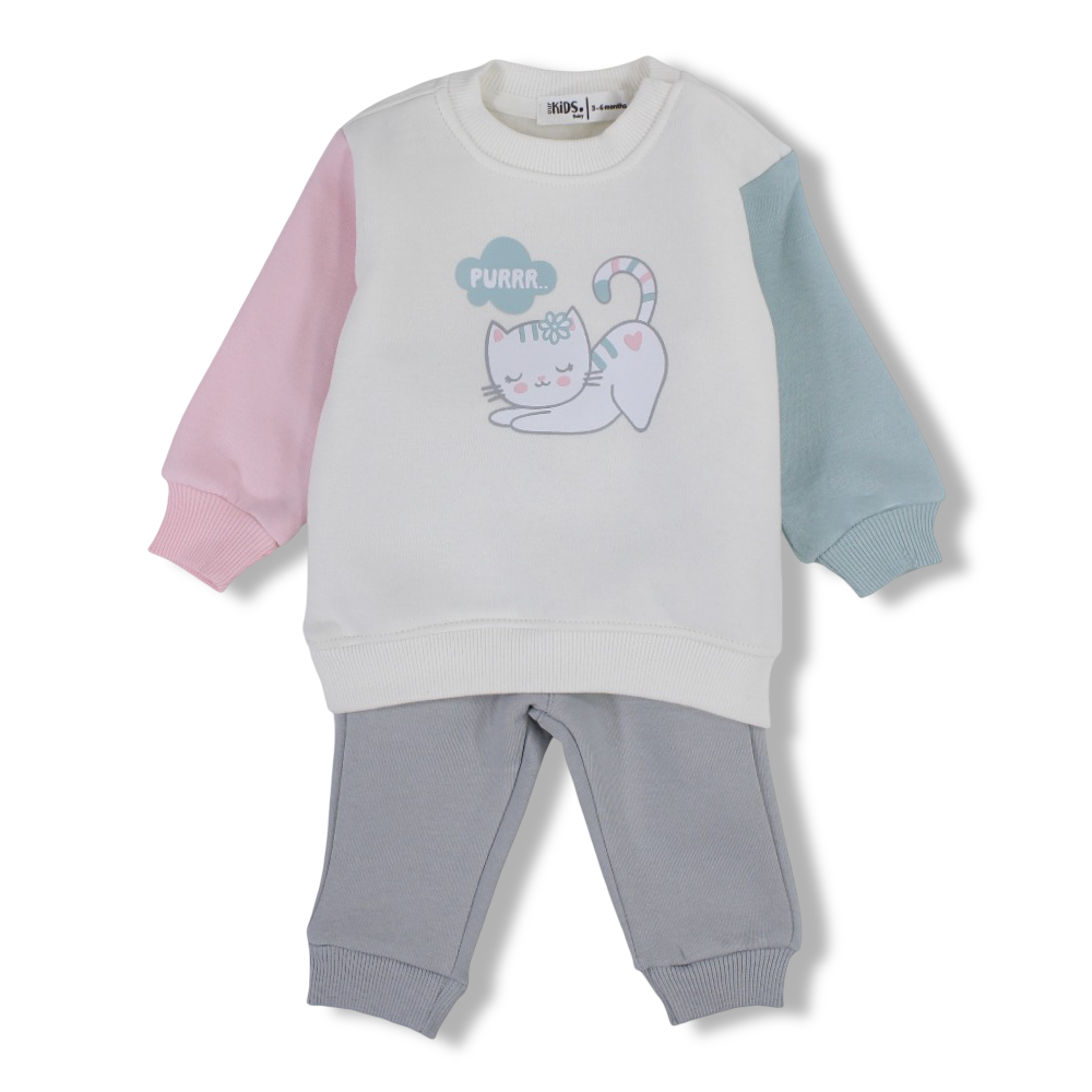 Girls Cotton Pajama Set – Offwhite/Gray with Cat Print