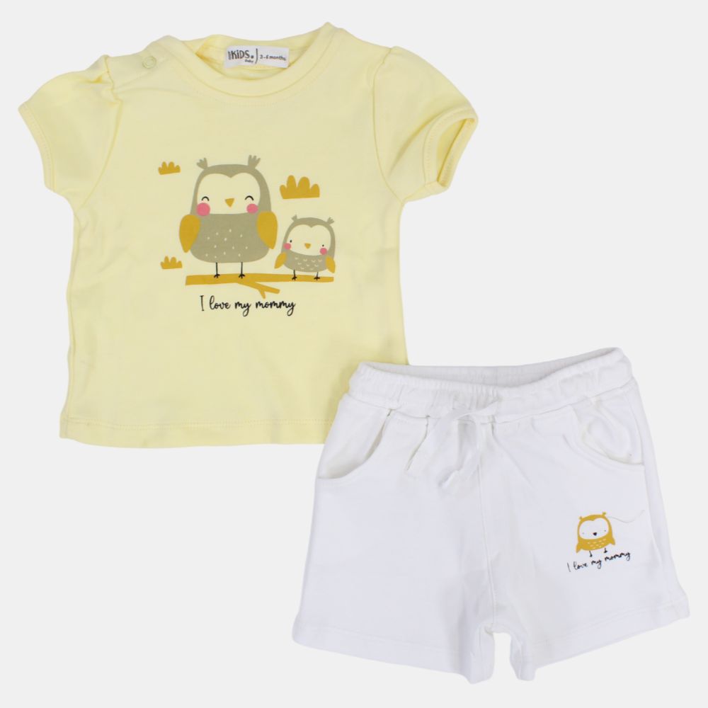Baby Girls Cotton Pajama Set – Yellow with Owls & "I Love My Mommy" Print