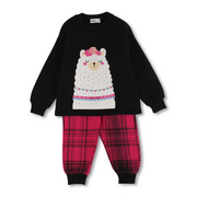Girls Cotton Pajama Set – Black with Llama Print