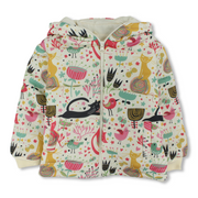 Girls Waterproof Jacket - Off-white with Cat & Bird Print