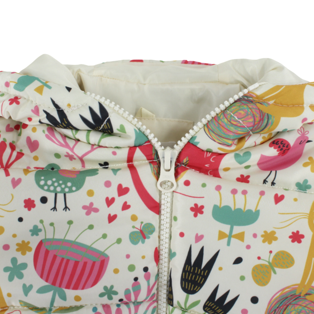 Girls Waterproof Jacket - Off-white with Cat & Bird Print