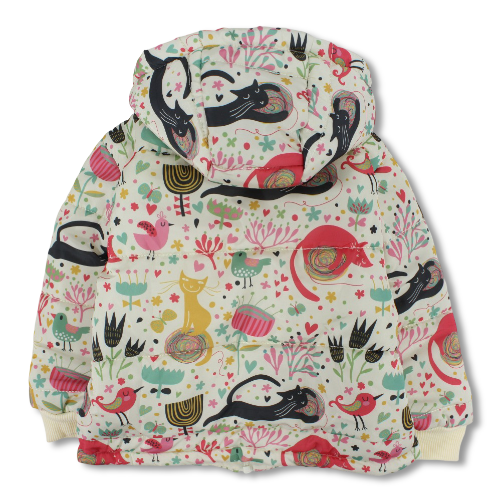 Girls Waterproof Jacket - Off-white with Cat & Bird Print
