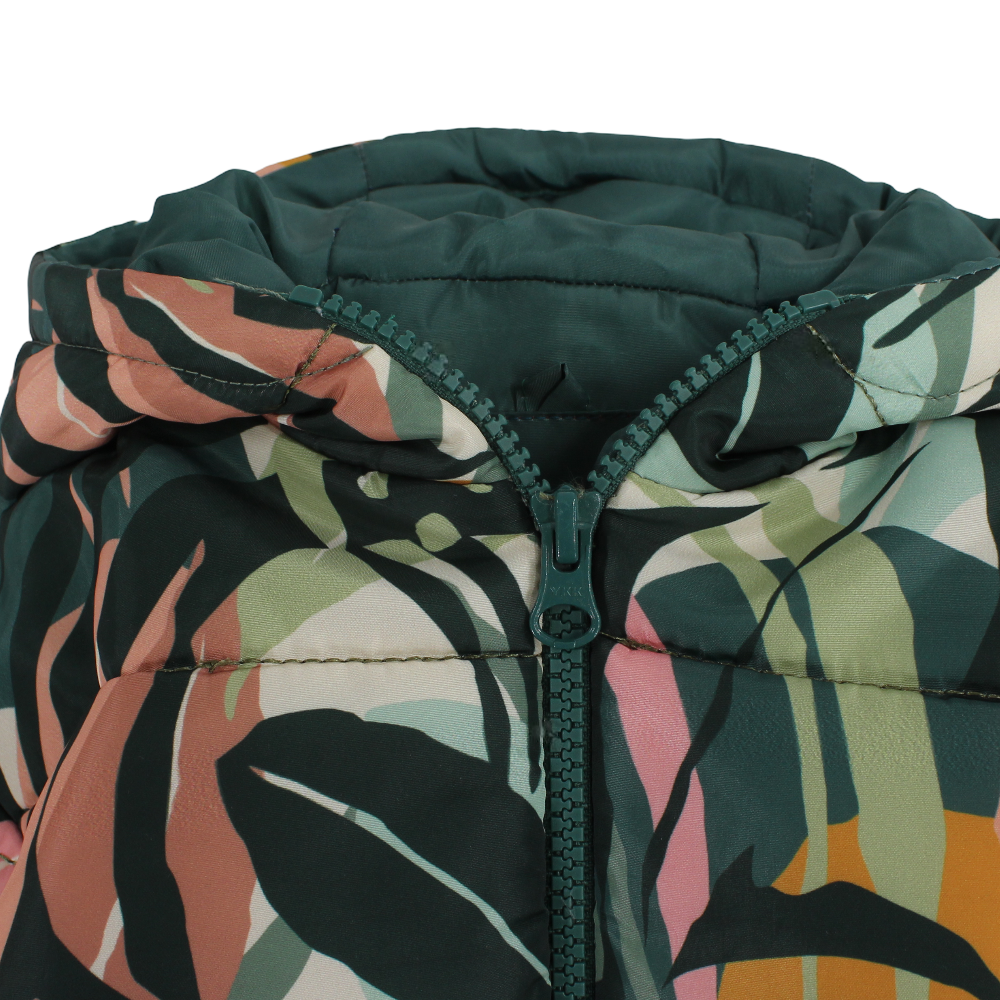 Girls Waterproof Jacket – Dark Green with Tree Leaves Print