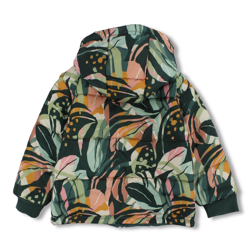 Girls Waterproof Jacket – Dark Green with Tree Leaves Print