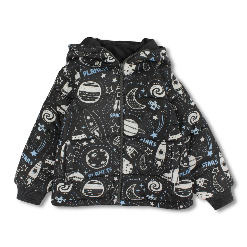 Boys Waterproof Jacket – Black with a Space-Themed Print