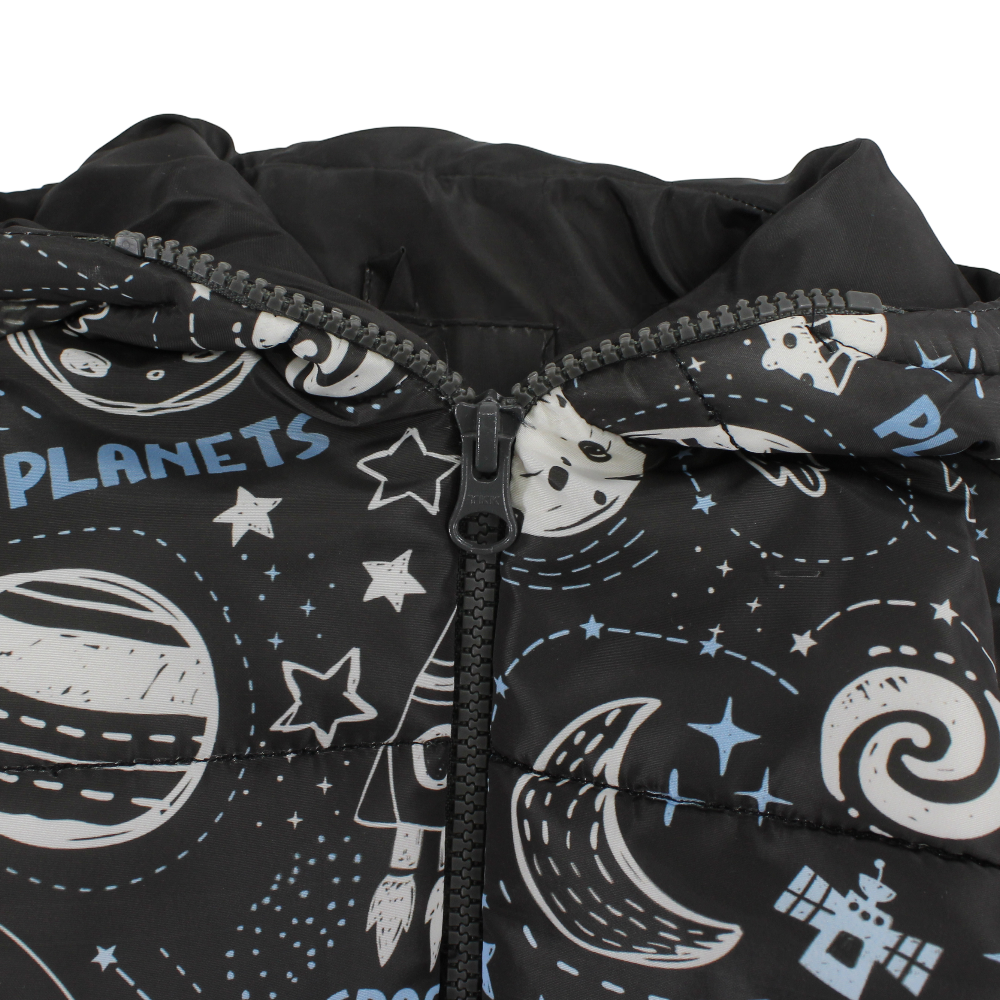 Boys Waterproof Jacket – Black with a Space-Themed Print