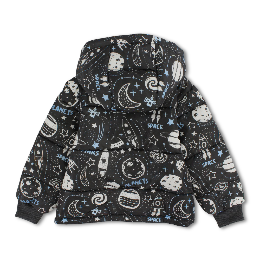Boys Waterproof Jacket – Black with a Space-Themed Print