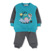 Unisex Baby Cotton Pajama Set – Turquoise/Grey with Dinosaur Print
