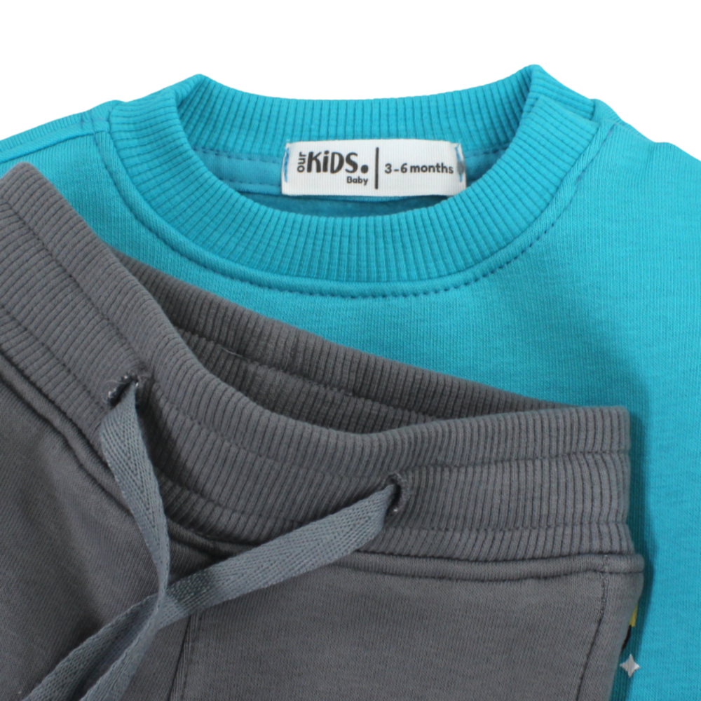 Unisex Baby Cotton Pajama Set – Turquoise/Grey with Dinosaur Print