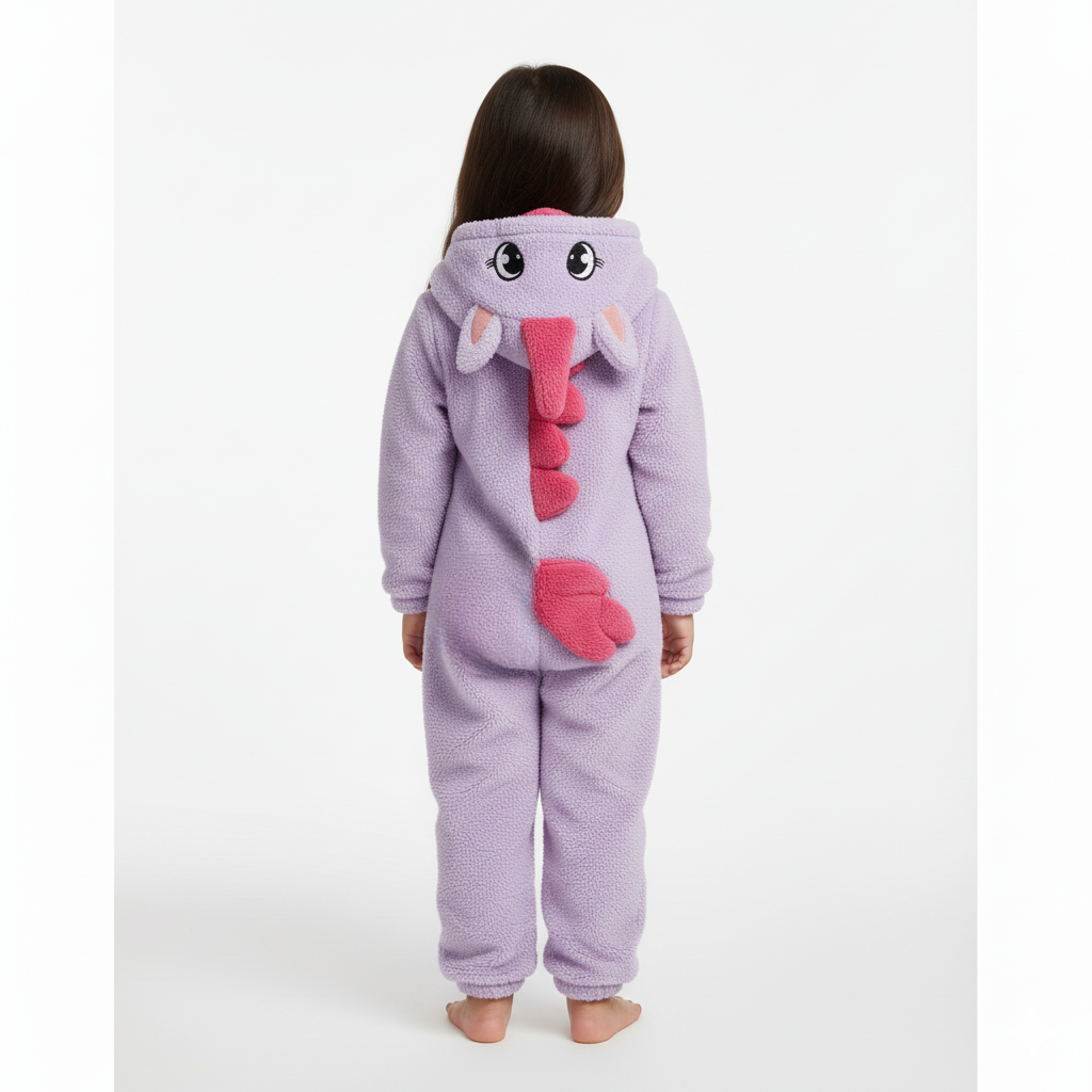 Girls Fleeced Hooded Footless Onesie – Purple with Unicorn Design