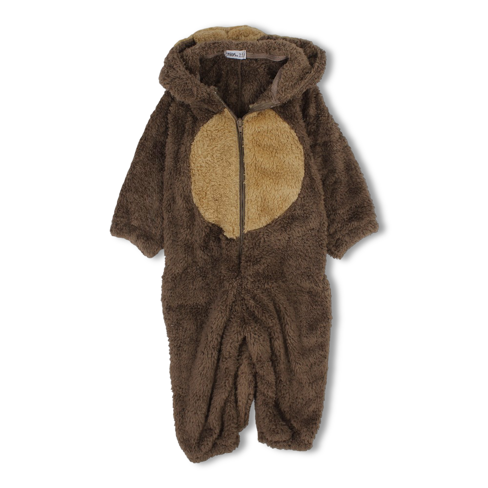 Unisex Fleeced Hooded Footless Onesie – Brown with Monkey Design