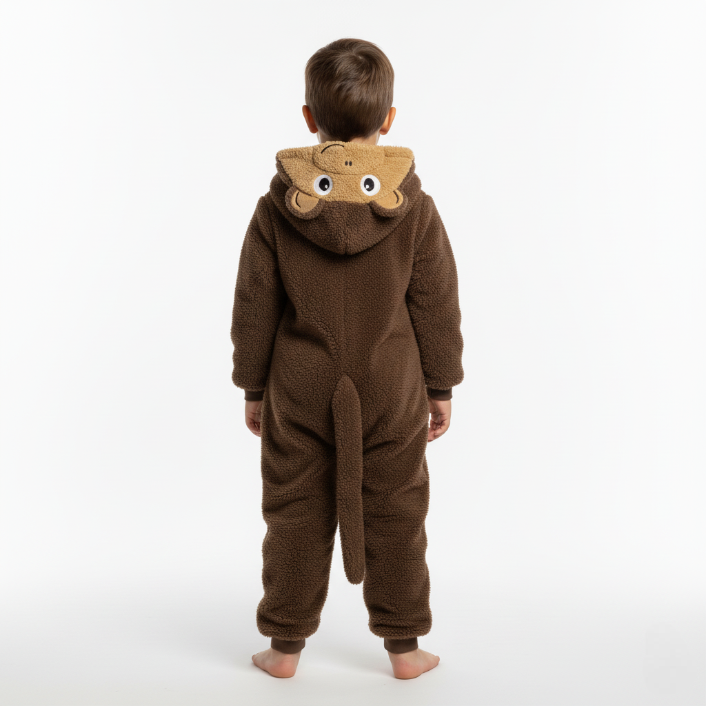 Unisex Fleeced Hooded Footless Onesie – Brown with Monkey Design