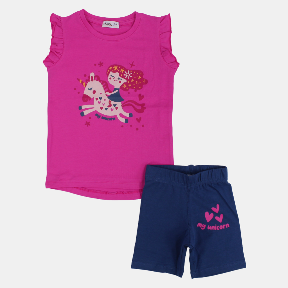 Girls Cotton Sleeveless Pajama – Fuchsia “My Unicorn”