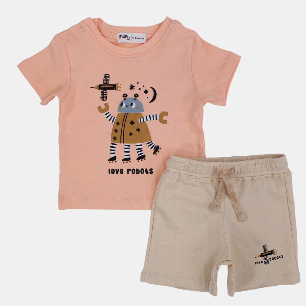 Baby Boys Cotton Pajama Set – Salmon "Love Robots" Print