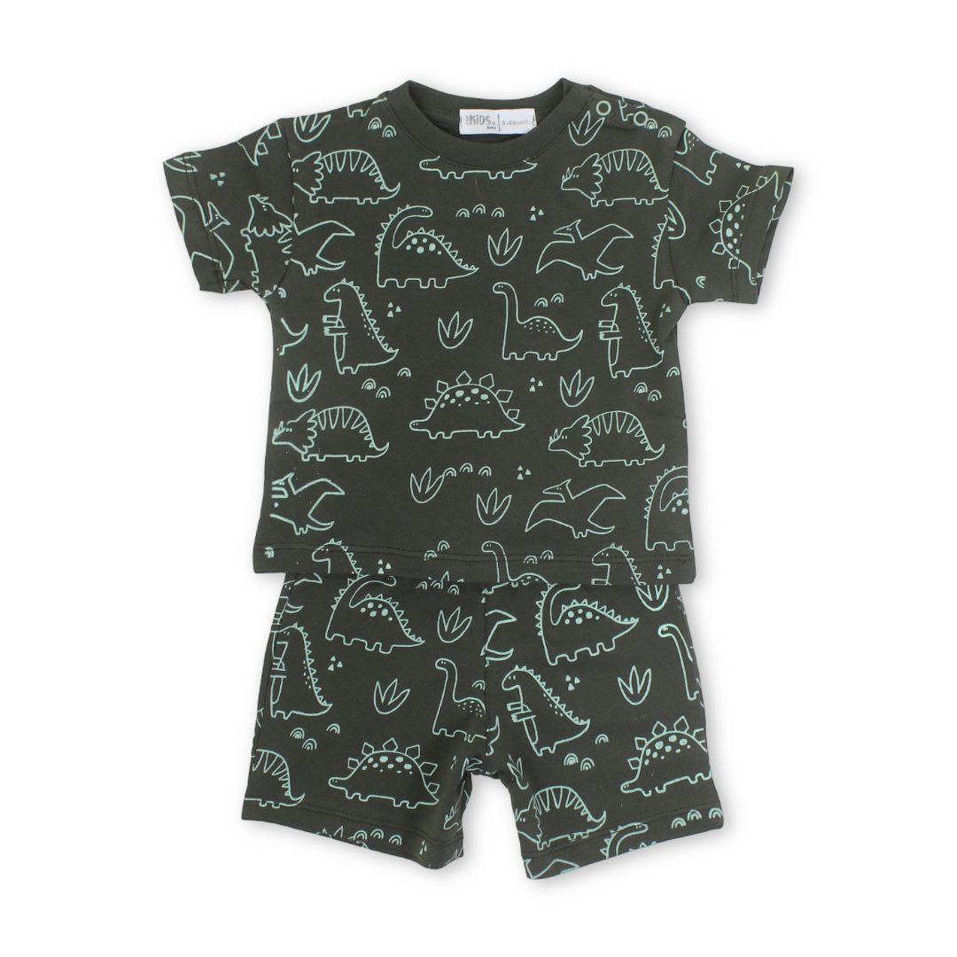 Baby Boys Cotton Pajama – Olive with Dinosaurs Print