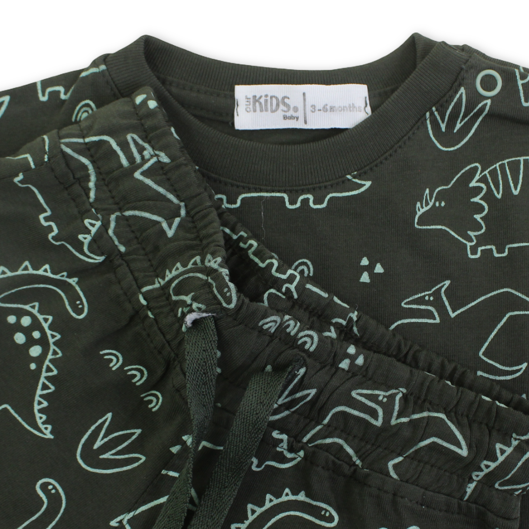 Baby Boys Cotton Pajama – Olive with Dinosaurs Print