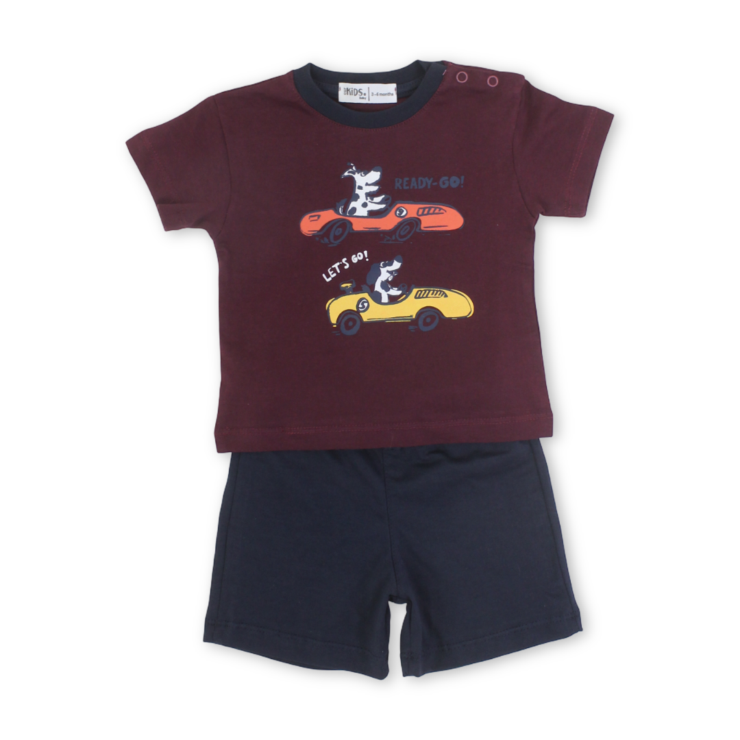 Baby Boys Cotton Pajama – Burgundy with "Let's Go" Print - Clothing - Ourkids