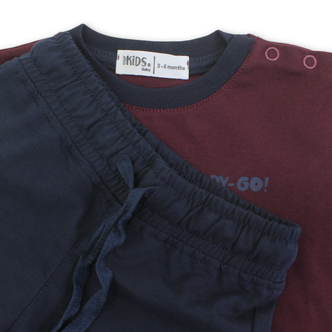 Baby Boys Cotton Pajama – Burgundy with "Let's Go" Print
