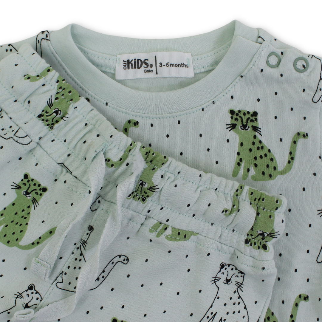 Baby Boys Cotton Pajama – Mint with Leopard Print