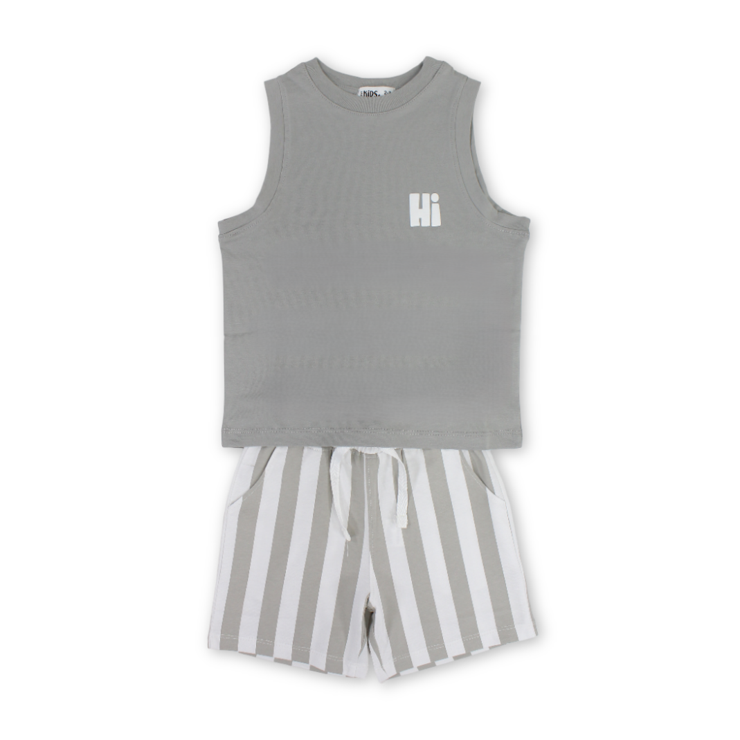 Boys Cotton Sleeveless Pajama – Grey with "Hi" Print - Clothing - Ourkids