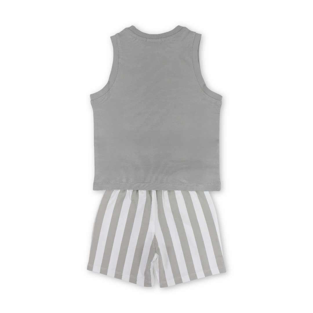 Boys Cotton Sleeveless Pajama – Grey with "Hi" Print