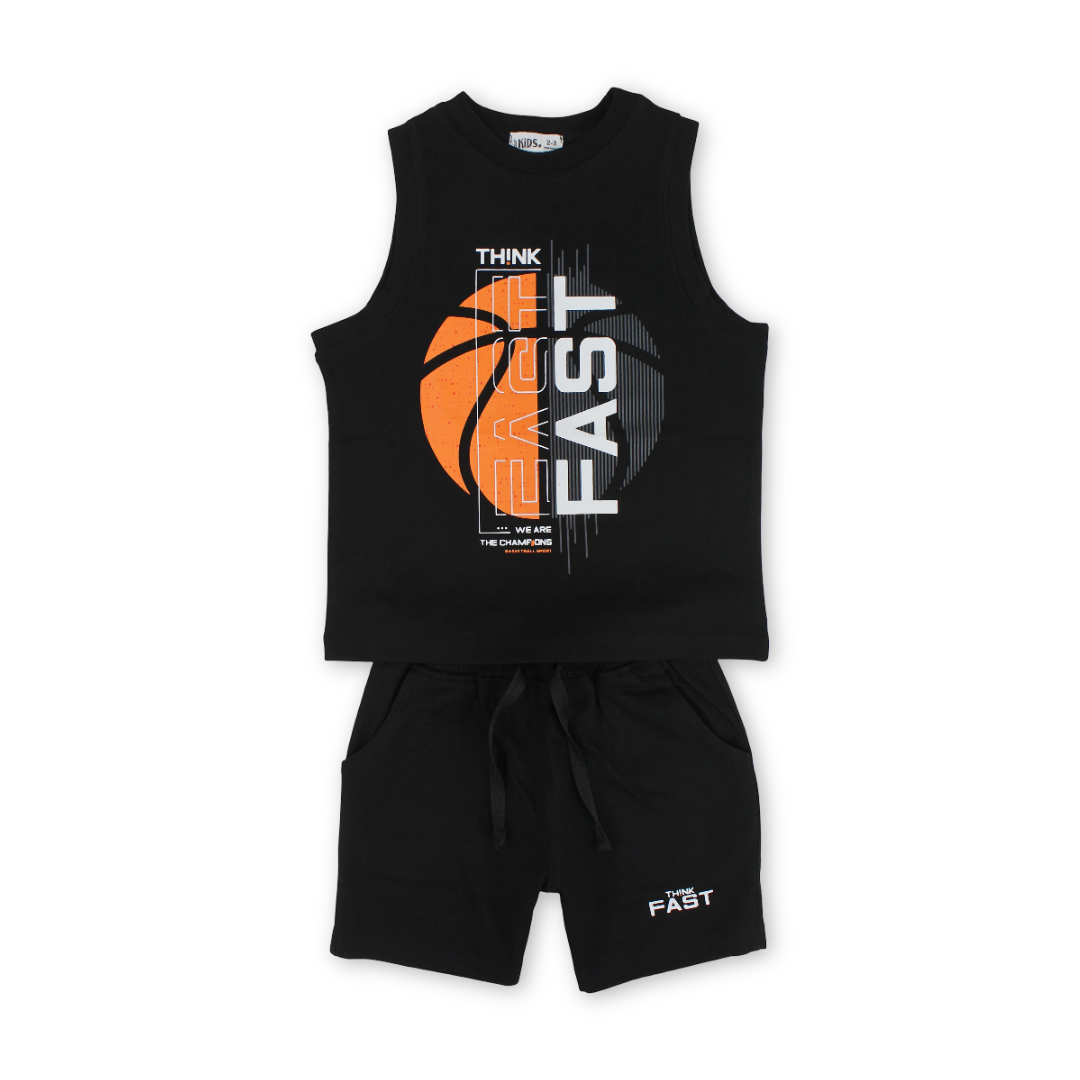 Boys Cotton Sleeveless Pajama – Black with "Fast" Print