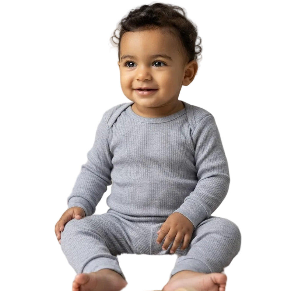 Unisex Baby Cotton Long-Sleeved Ribbed Thermal Set – Grey