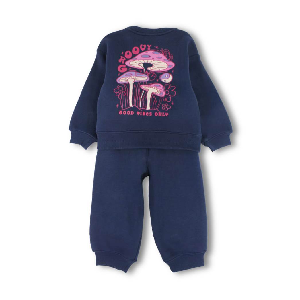 Girls Cotton Pajama – Navy with Mushroom Print