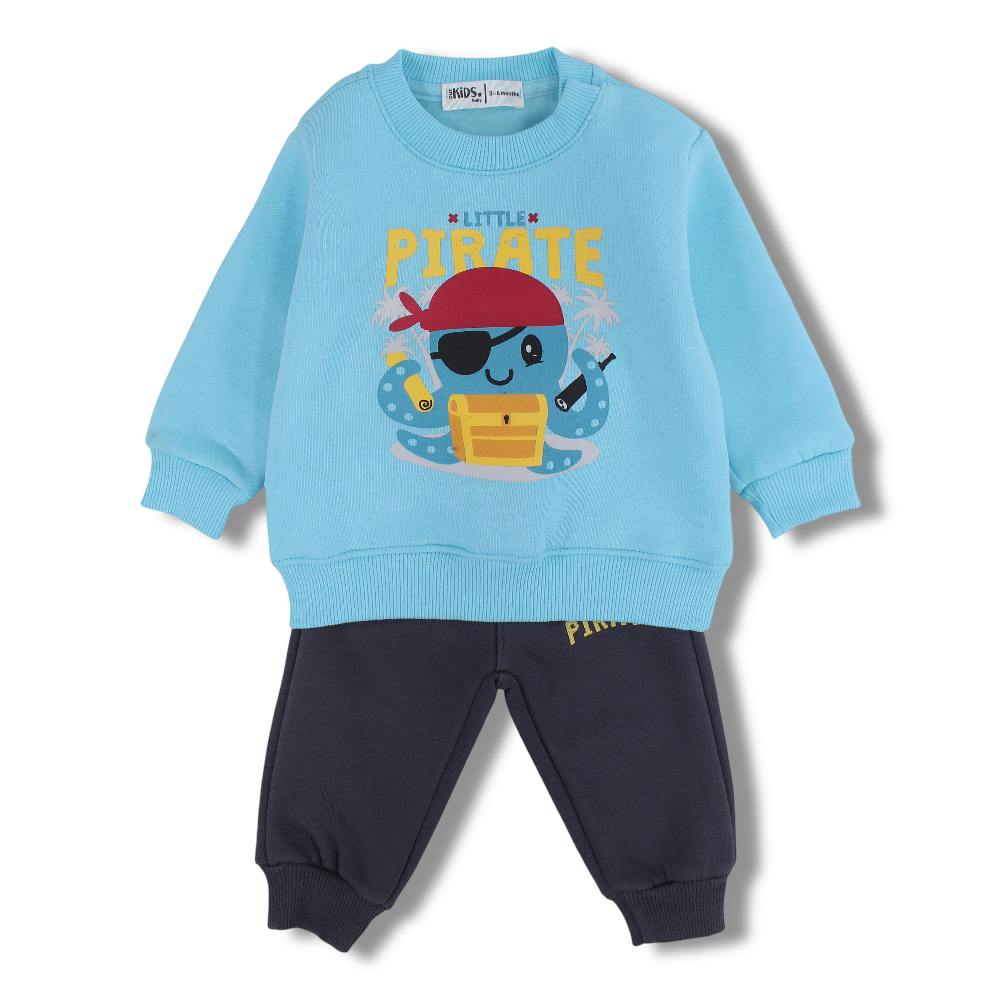 Baby Boys Cotton Pajama Set – Aqua/Navy with “Little Pirate” Octopus Design
