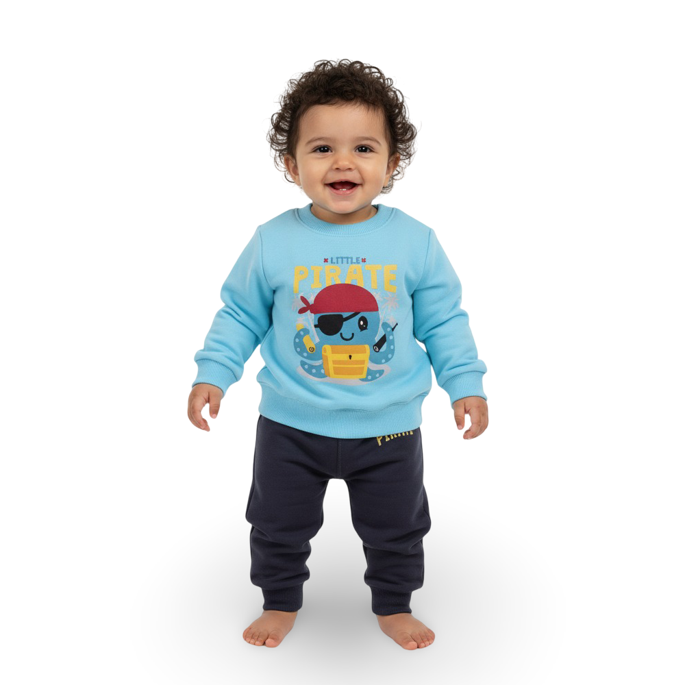 Baby Boys Cotton Pajama Set – Aqua/Navy with “Little Pirate” Octopus Design