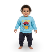 Baby Boys Cotton Pajama Set – Aqua/Navy with “Little Pirate” Octopus Design