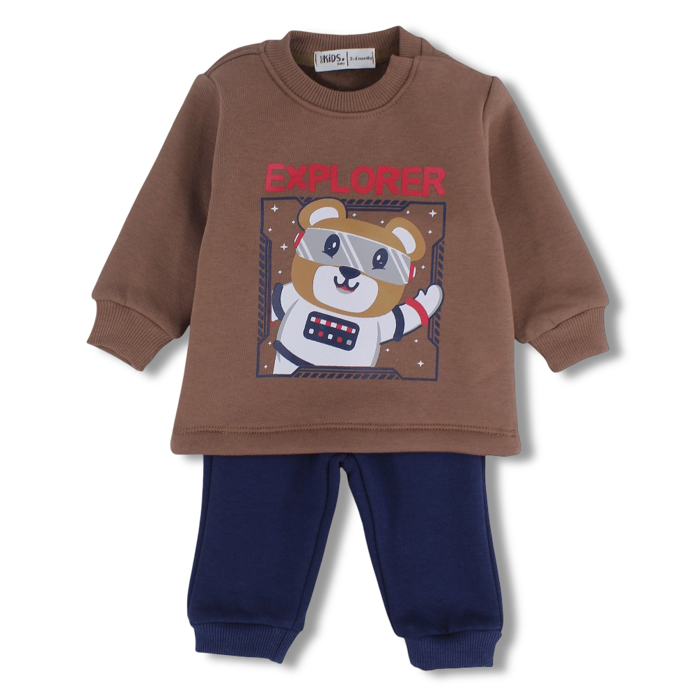 Baby Boys Cotton Pajama Set – Brown/Navy with “Explorer” Bear Print