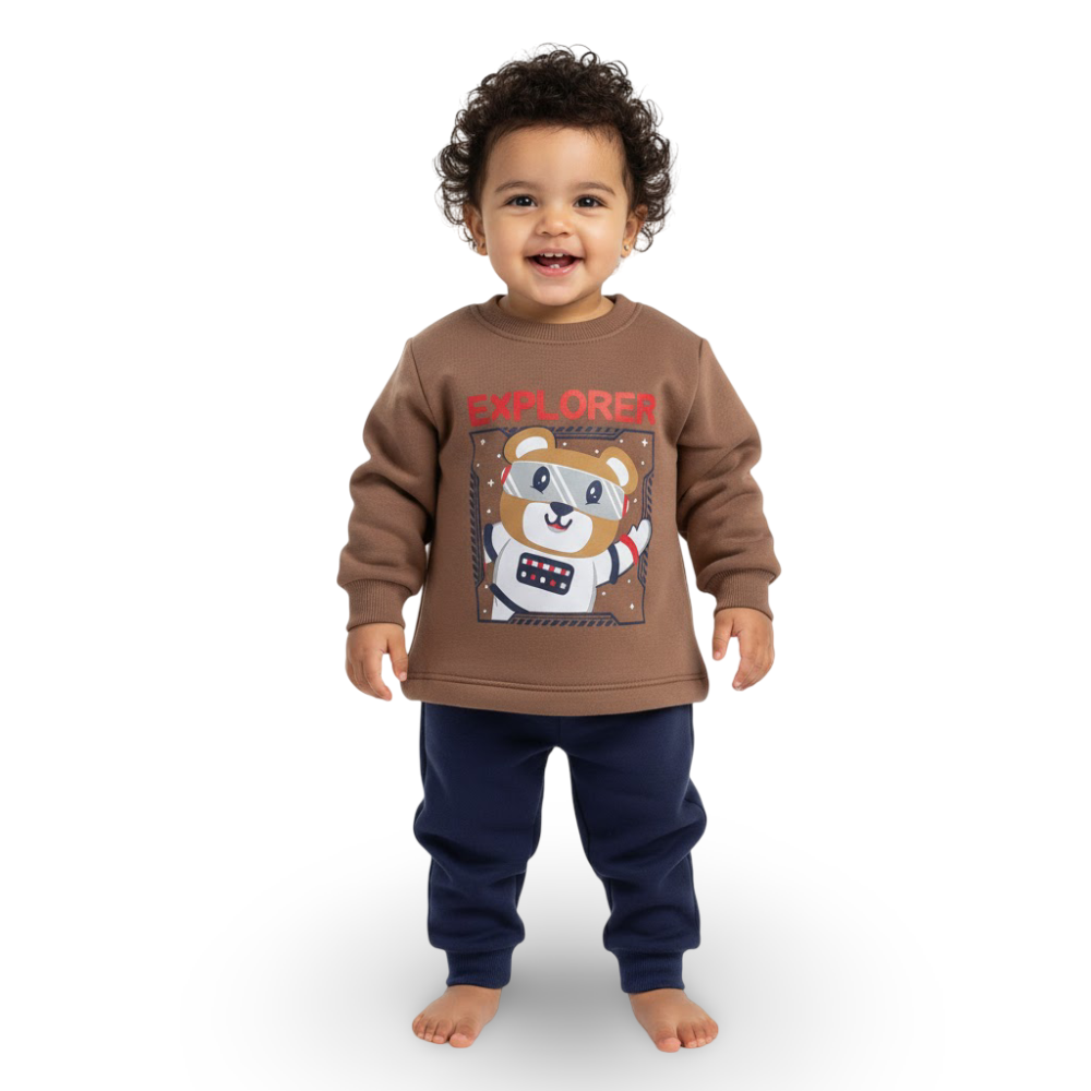 Baby Boys Cotton Pajama Set – Brown/Navy with “Explorer” Bear Print