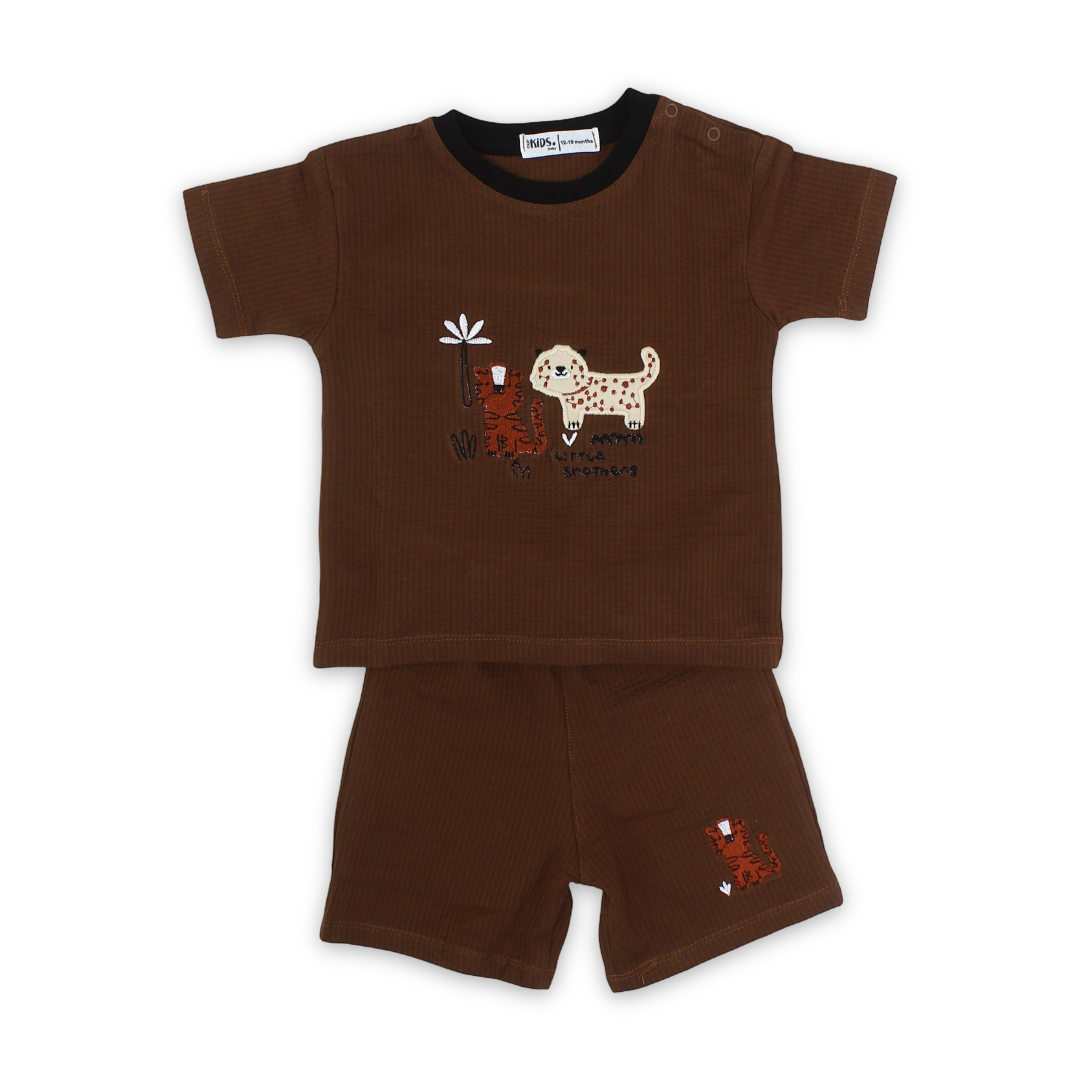Baby Boys Crinkle Cotton Pajama – Brown with "Little Brothers " Print - Clothing - Ourkids
