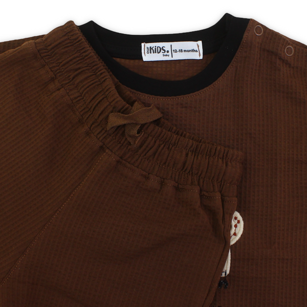 Baby Boys Crinkle Cotton Pajama – Brown with "Little Brothers " Print