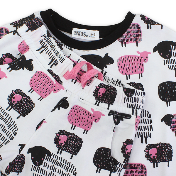 Girls Cotton Pajama Set – White with Sheep Print