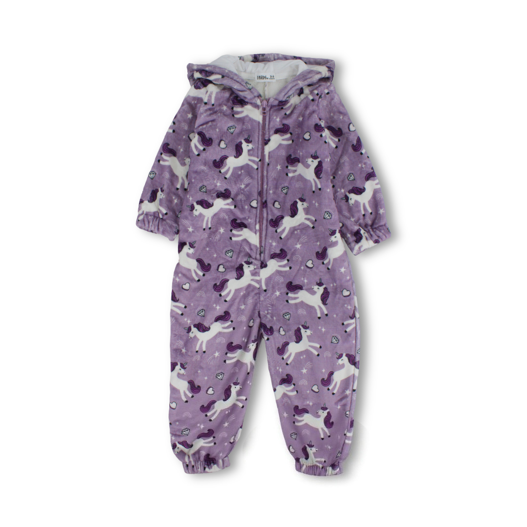 Girls Fleece Hooded Baby Footie Onesie with Fur-Lined – Purple Unicorn Print