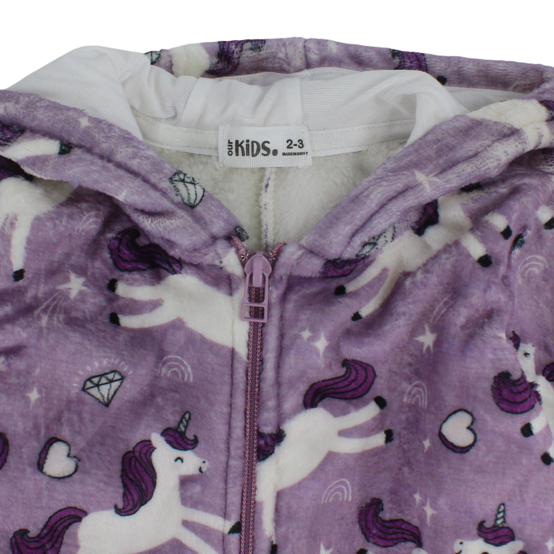 Girls Fleece Hooded Baby Footie Onesie with Fur-Lined – Purple Unicorn Print