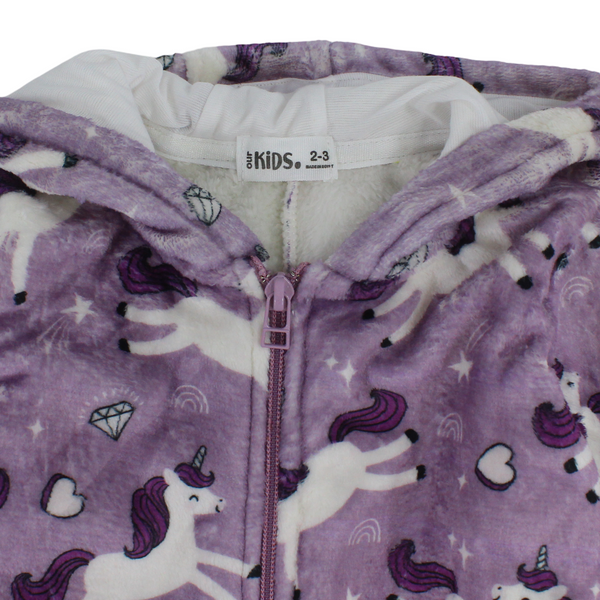 Girls Fleece Hooded Baby Footie Onesie with Fur-Lined – Purple Unicorn Print