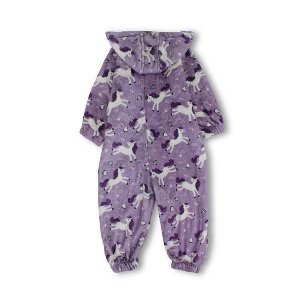 Girls Fleece Hooded Baby Footie Onesie with Fur-Lined – Purple Unicorn Print