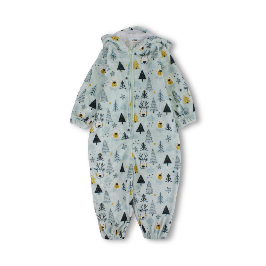 Boys Fleece Hooded Baby Footie with Fur-Lined – Aqua Christmas Print