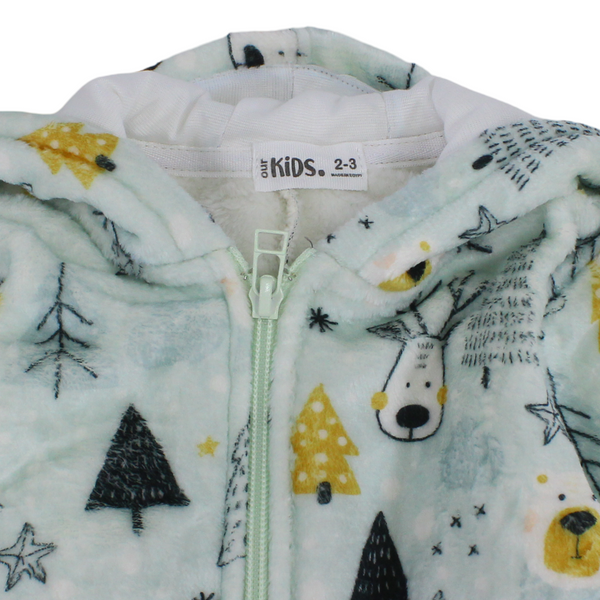 Boys Fleece Hooded Baby Footie with Fur-Lined – Aqua Christmas Print