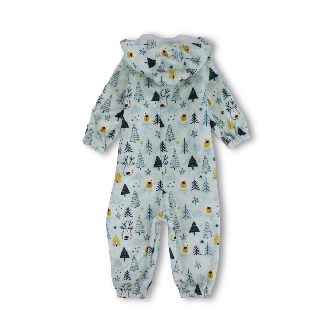 Boys Fleece Hooded Baby Footie with Fur-Lined – Aqua Christmas Print