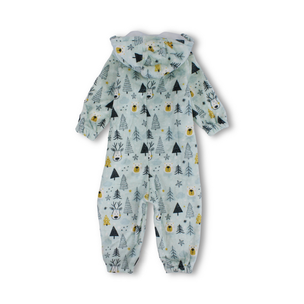 Boys Fleece Hooded Baby Footie with Fur-Lined – Aqua Christmas Print