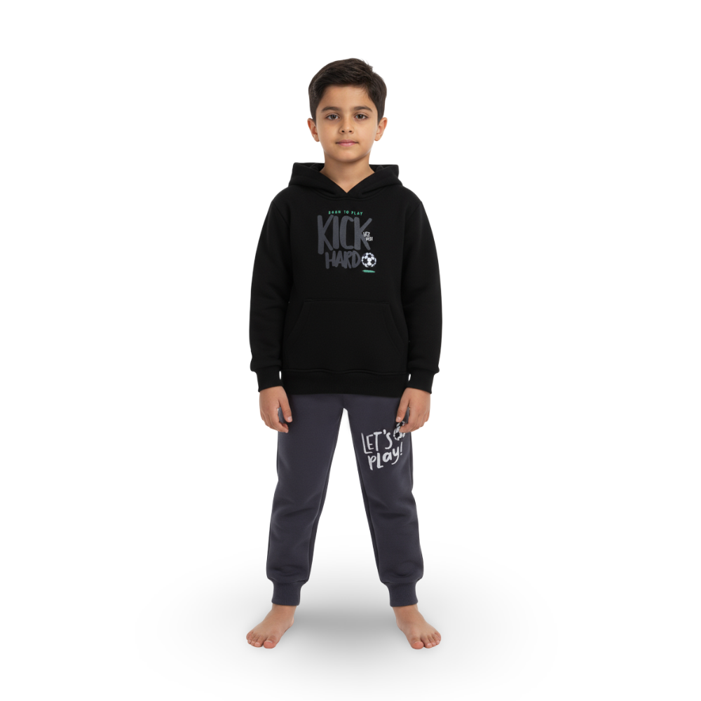 Boys Cotton Hooded Pajama Set – Black with “Kick Hard” Football Design