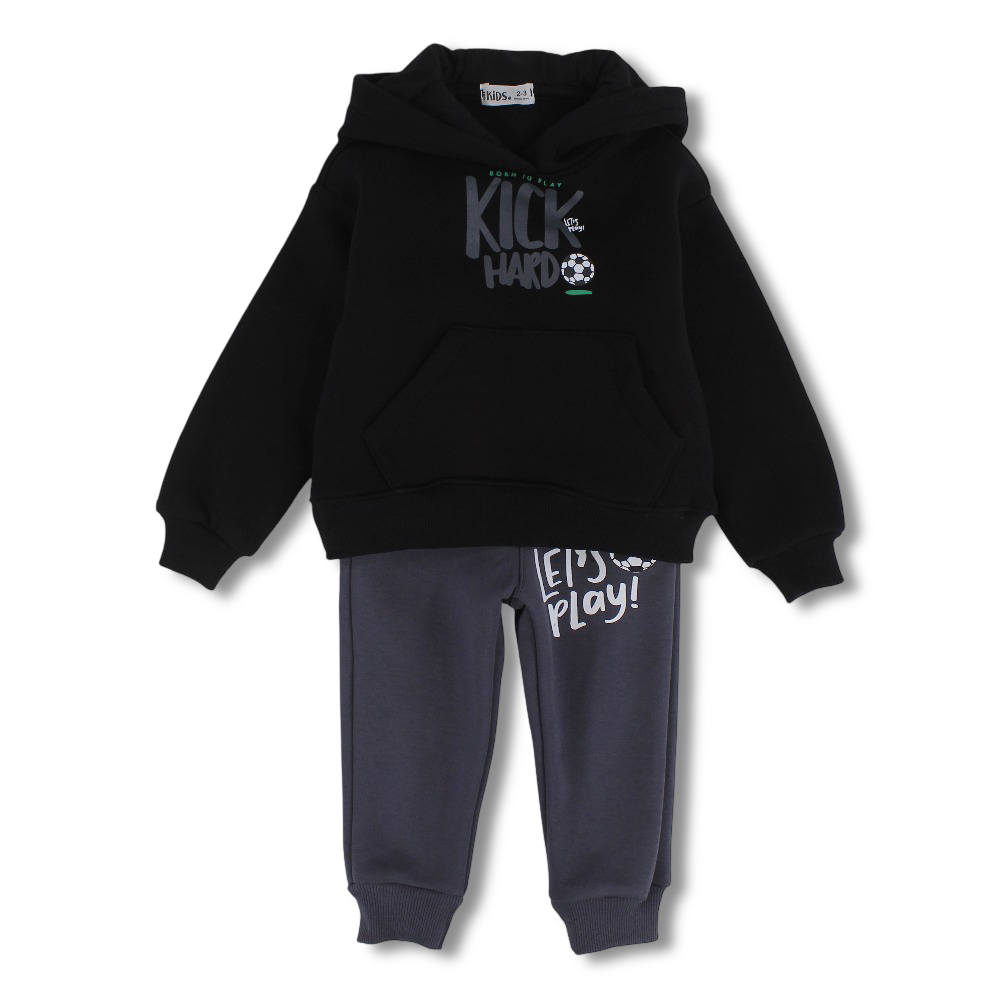 Boys Cotton Hooded Pajama Set – Black with “Kick Hard” Football Design