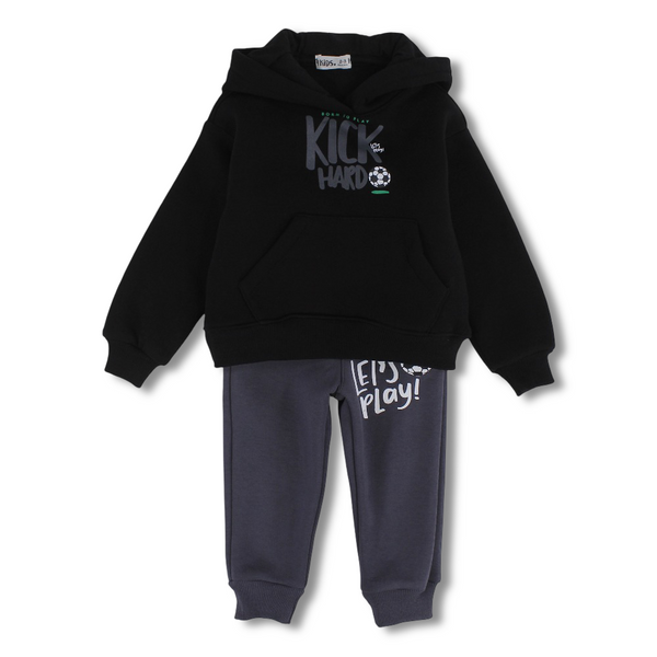 Boys Cotton Hooded Pajama Set – Black with “Kick Hard” Football Design